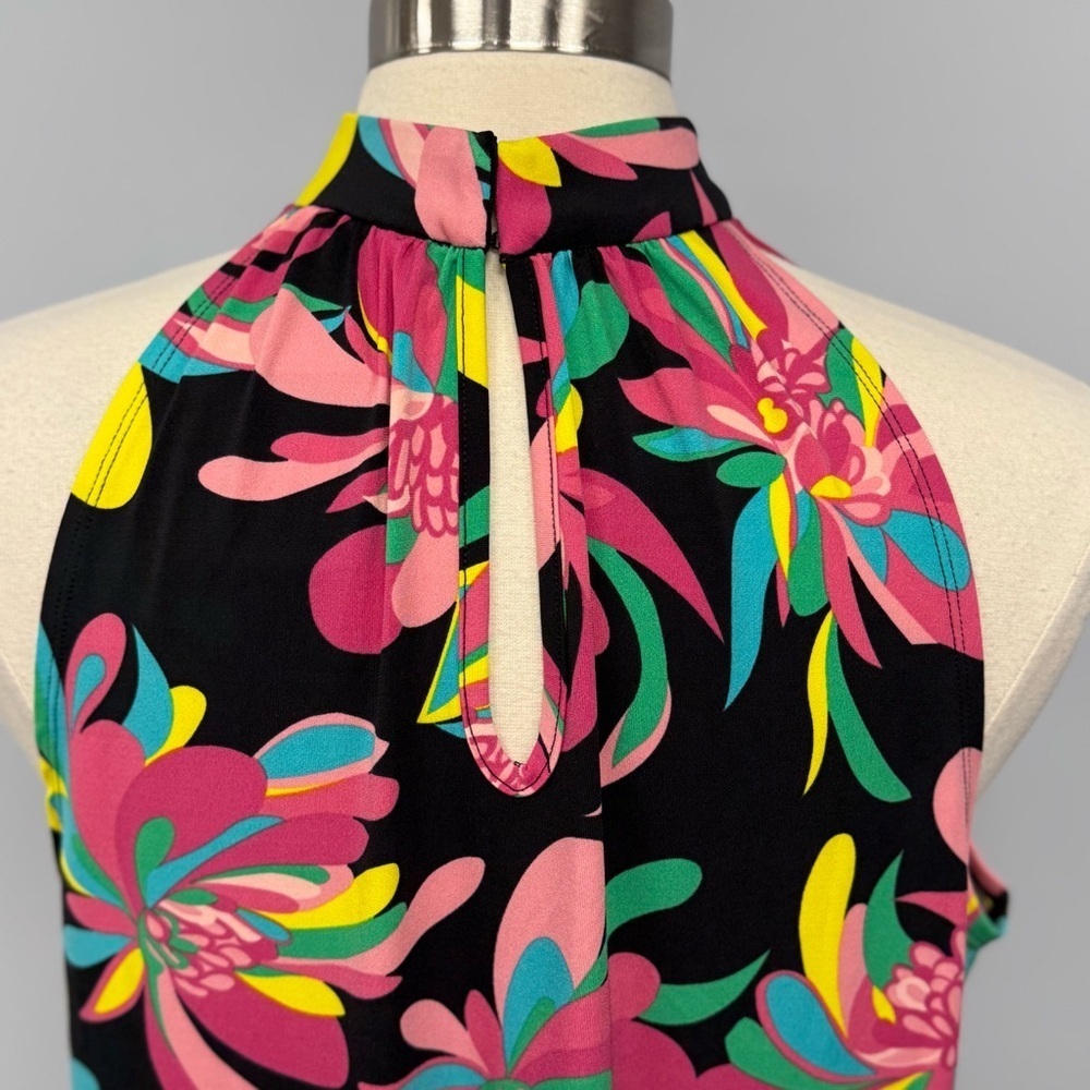 NWT TRINA TURK Halter Dress L Hana Hou Vibrant Black Tropical Floral Resortwear - Picture 9 of 13